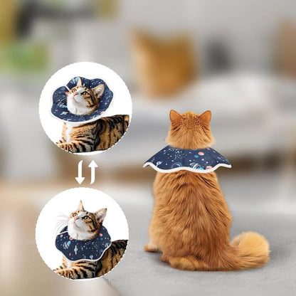 Soft adjustable cat cone collar in constellation pattern showing fastener and soft edging