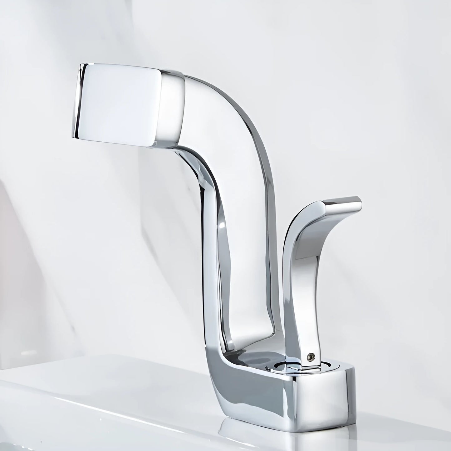 Copper vanity basin mixer tap with lift handle, shown in black and gold finish.
