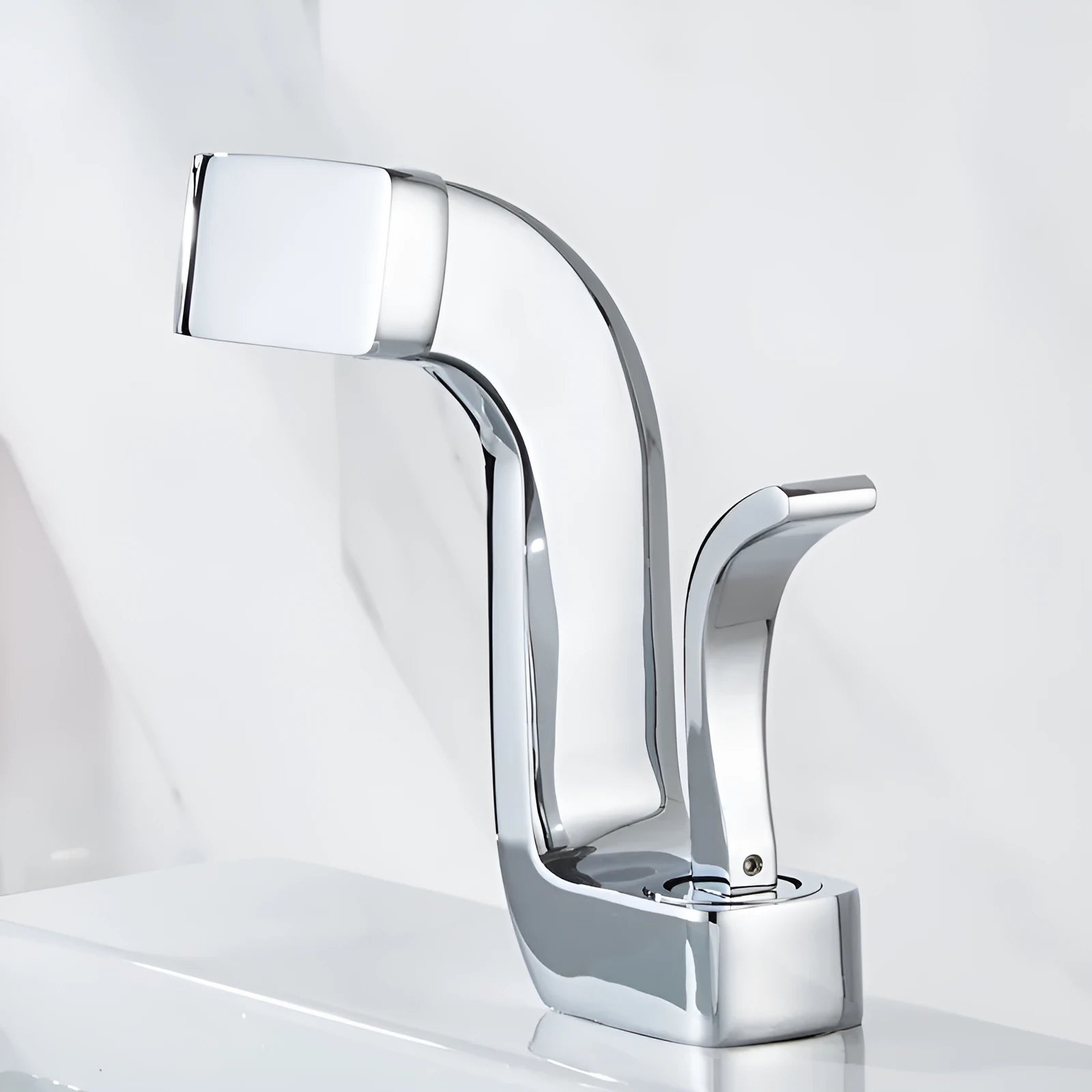 Copper vanity basin mixer tap with lift handle, shown in black and gold finish.