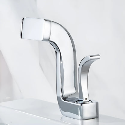 Copper vanity basin mixer tap with lift handle, shown in black and gold finish.