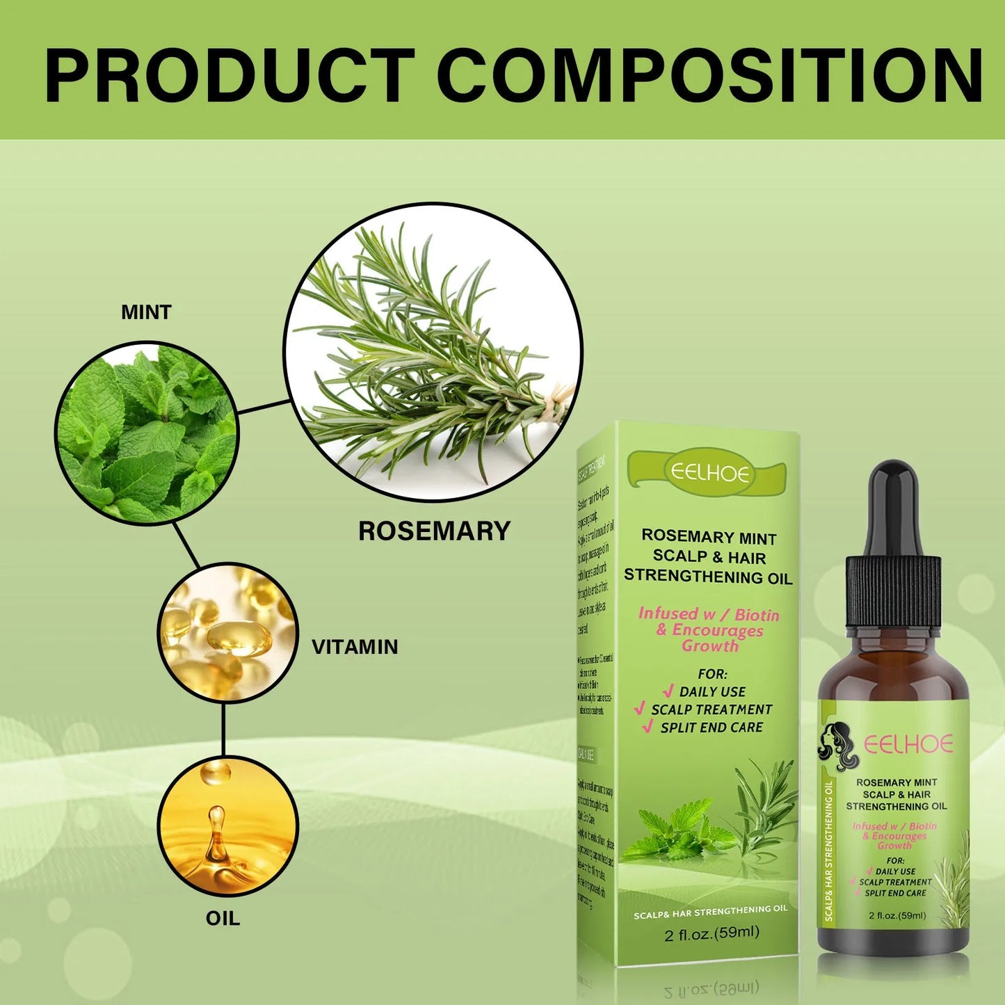 59ml rosemary mint hair growth fluid bottle with natural plant extract formula for scalp massage treatment
