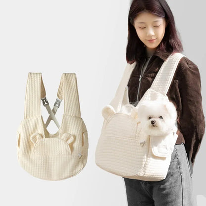 Grey quilted pet diaper backpack with cross-body strap for small dogs and cats