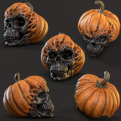 Hand-painted pumpkin skull resin ornament measuring 12cm tall with orange and black colour scheme