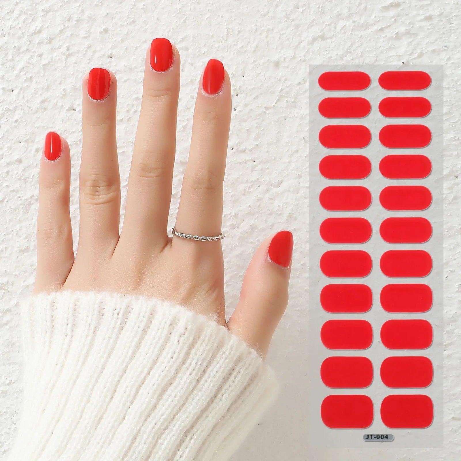 Semi-curing gel nail stickers sheet showing 22 solid colour designs including roses, tulips, and geometric patterns