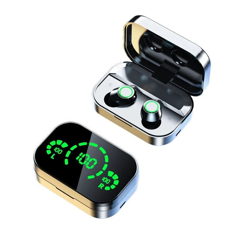 Sleek wireless Bluetooth earbuds with smart LED display, noise-cancelling microphone, and high-fidelity graphene diaphragms