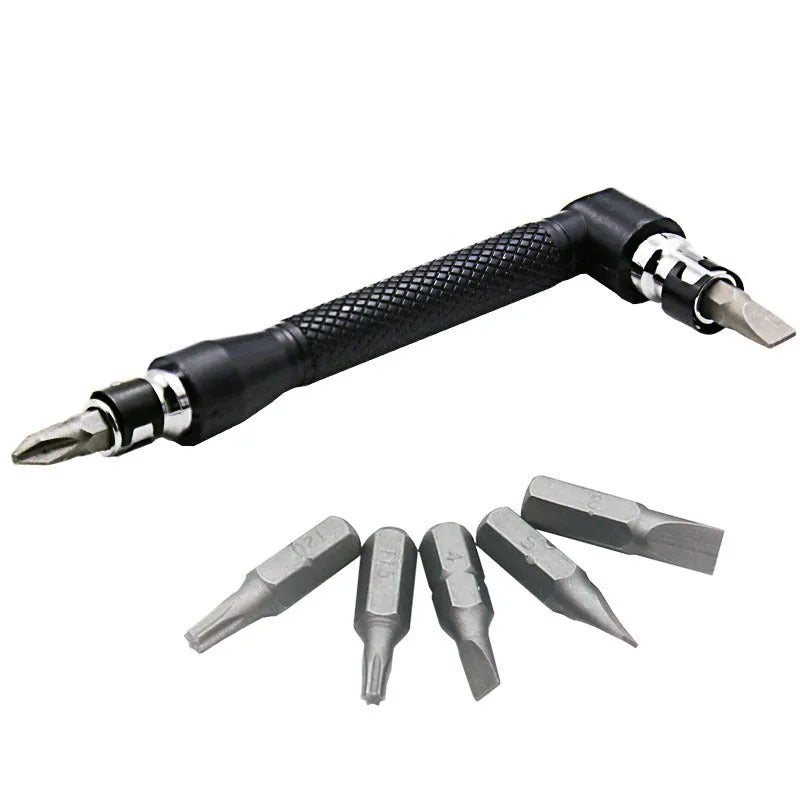 L-shaped double-headed socket wrench with ten screwdriver bits on steel background