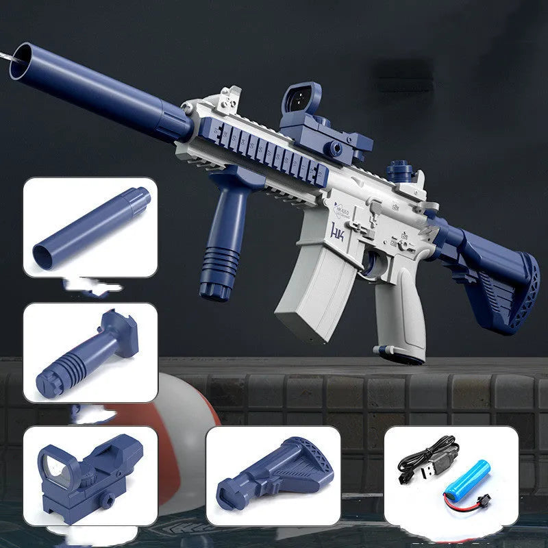 Blue automatic electric water gun toy with USB charging cable on a summer background