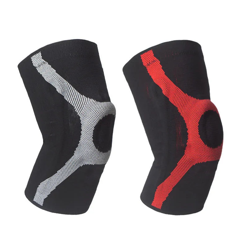 Knitted sports knee pads with silicone grip in red and grey colours for running climbing protection