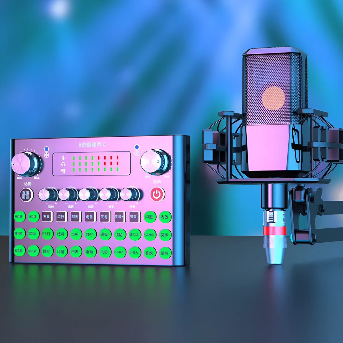 F007plus USB sound card and condenser microphone for live broadcast, shown with bracket.