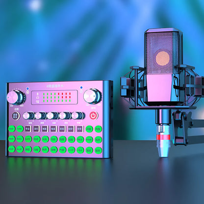 F007plus USB sound card and condenser microphone for live broadcast, shown with bracket.