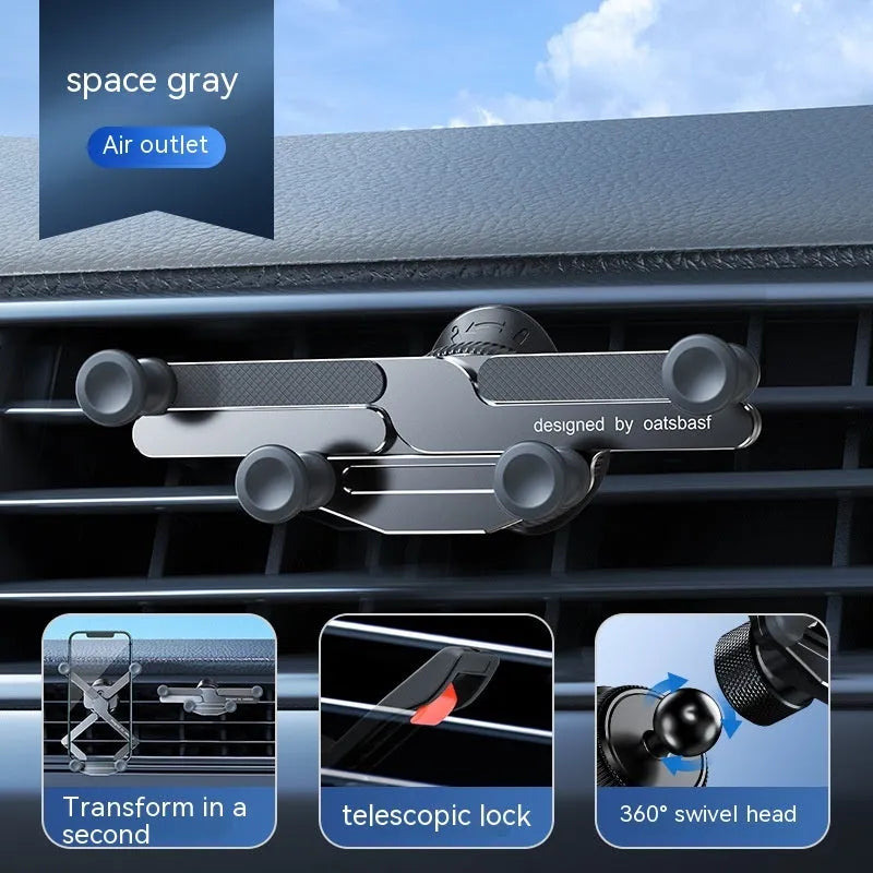 Air Vent Mobile Phone Holder Invisible Alloy On-board Bracket Snap-on Installation for Car Dashboard or Windscreen Suitable for Knob Air Outlet and Paste Versions in Black Silver Grey Colours