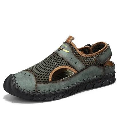 Men's brown leather mesh hollow shoes with elastic band and round toe design