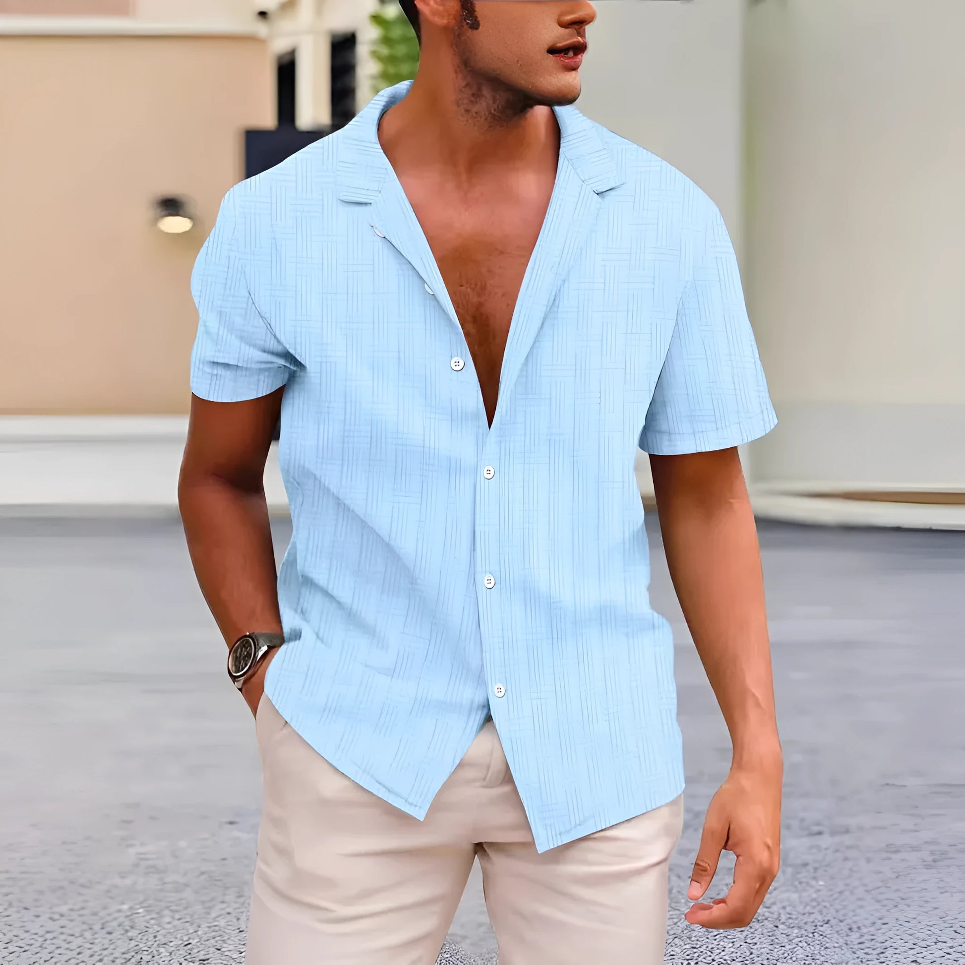 Short sleeve corduroy shirt in apricot colour showing British style casual design.