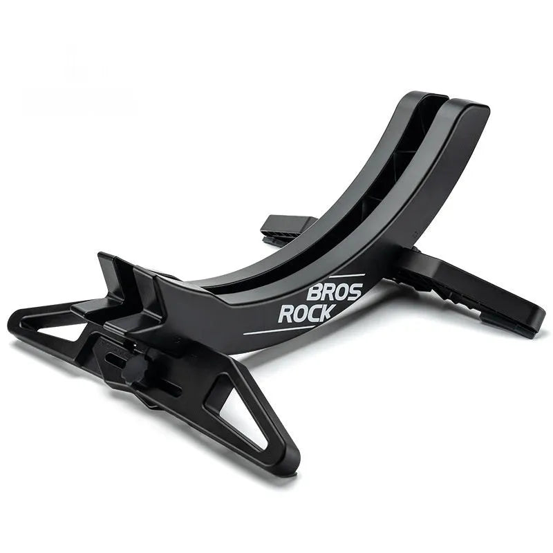 A black wall-mounted ABS plastic bracket holding a mountain bike vertically for storage.