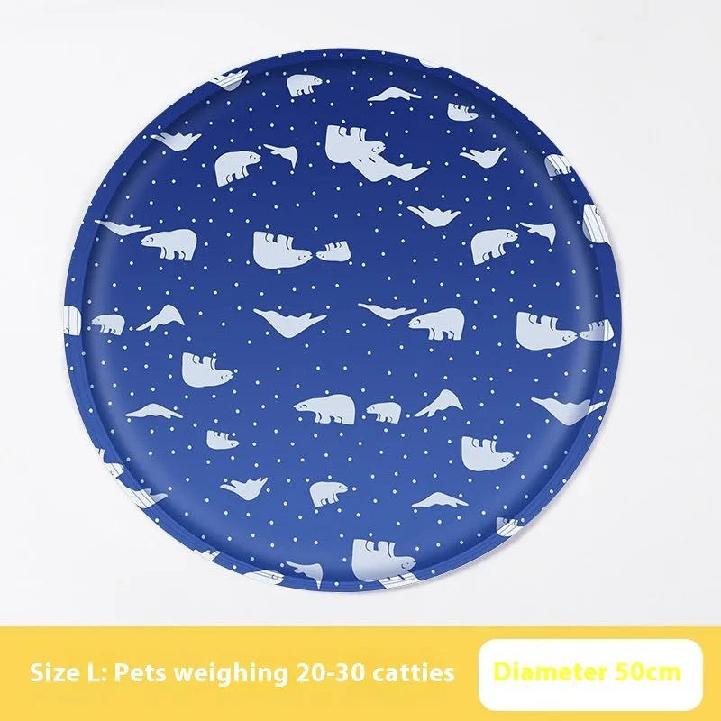 Round pet cooling mat with cartoon designs in 40cm and 50cm sizes for dogs
