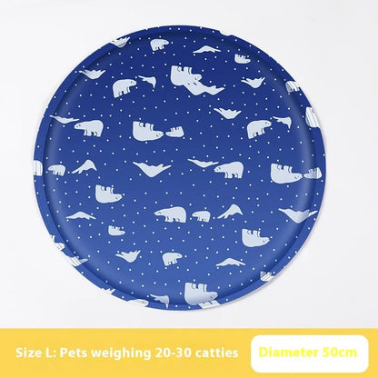 Round pet cooling mat with cartoon designs in 40cm and 50cm sizes for dogs