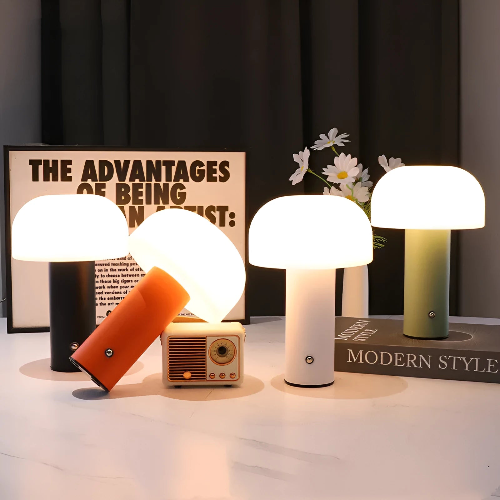 Creative USB dual-purpose table lamp in black, green, orange, or white, showing plug and USB cable for flexible power.