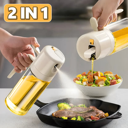 Warm grey glass oil sprayer bottle with a switchable nozzle for spray or pour modes.