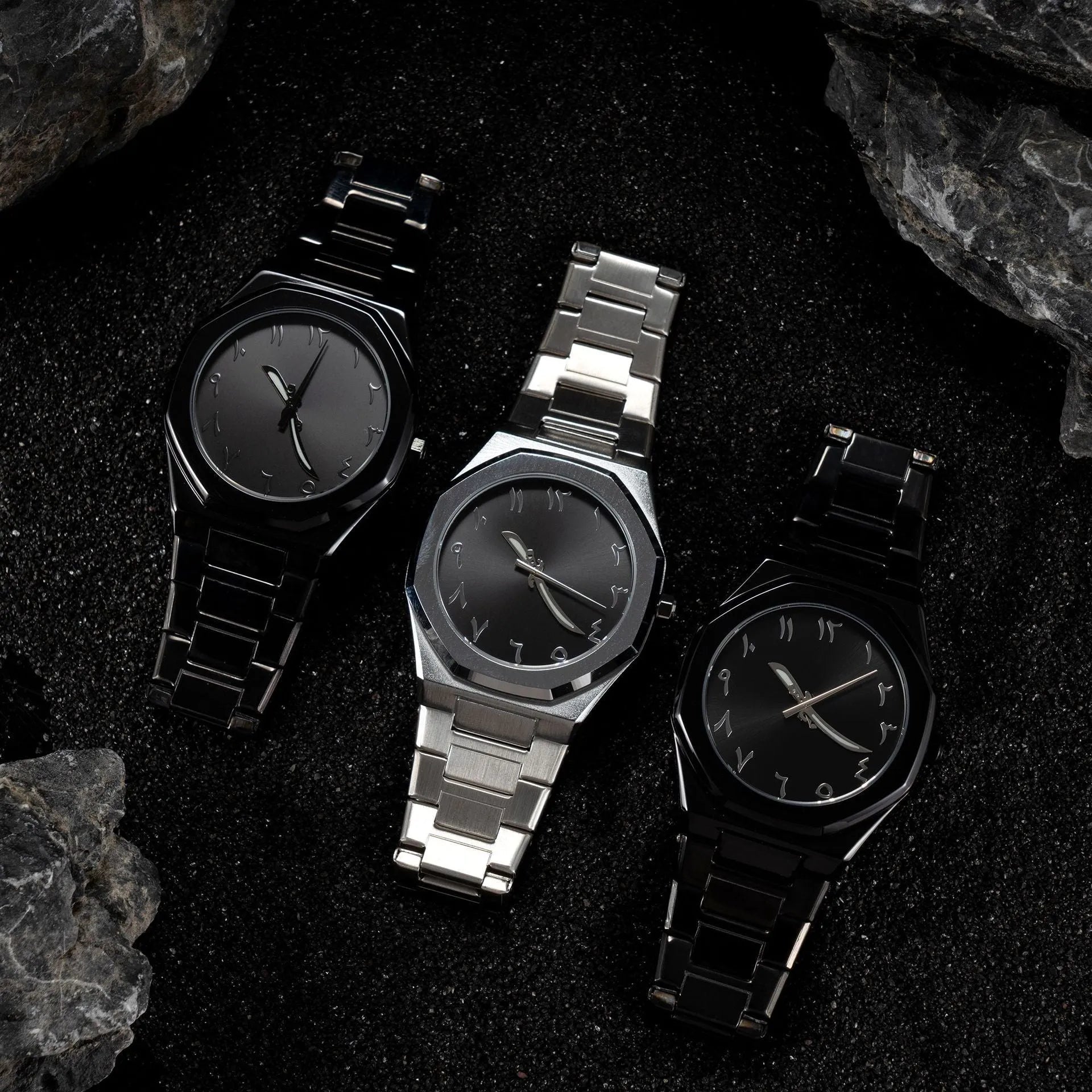 Men's business casual quartz watch with steel belt in black and silver colours, showing 10mm thick case.