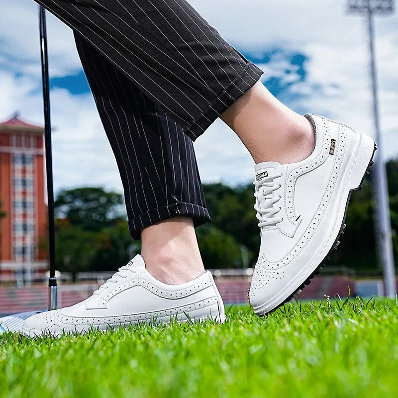 Men's lightweight golf shoe in lake blue with genuine leather upper and non-slip rubber sole.
