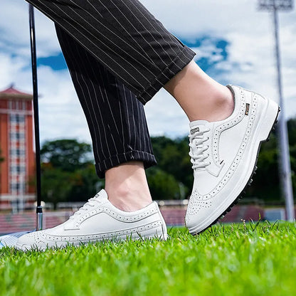 Men's lightweight golf shoe in lake blue with genuine leather upper and non-slip rubber sole.