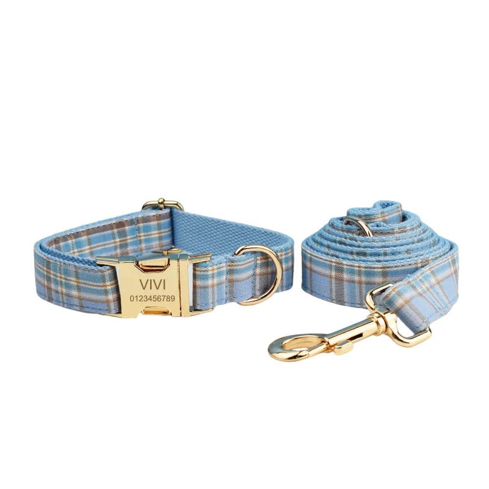 Sky blue grid forest pattern dog collar, leash, bow, and vest four-piece pet accessory set