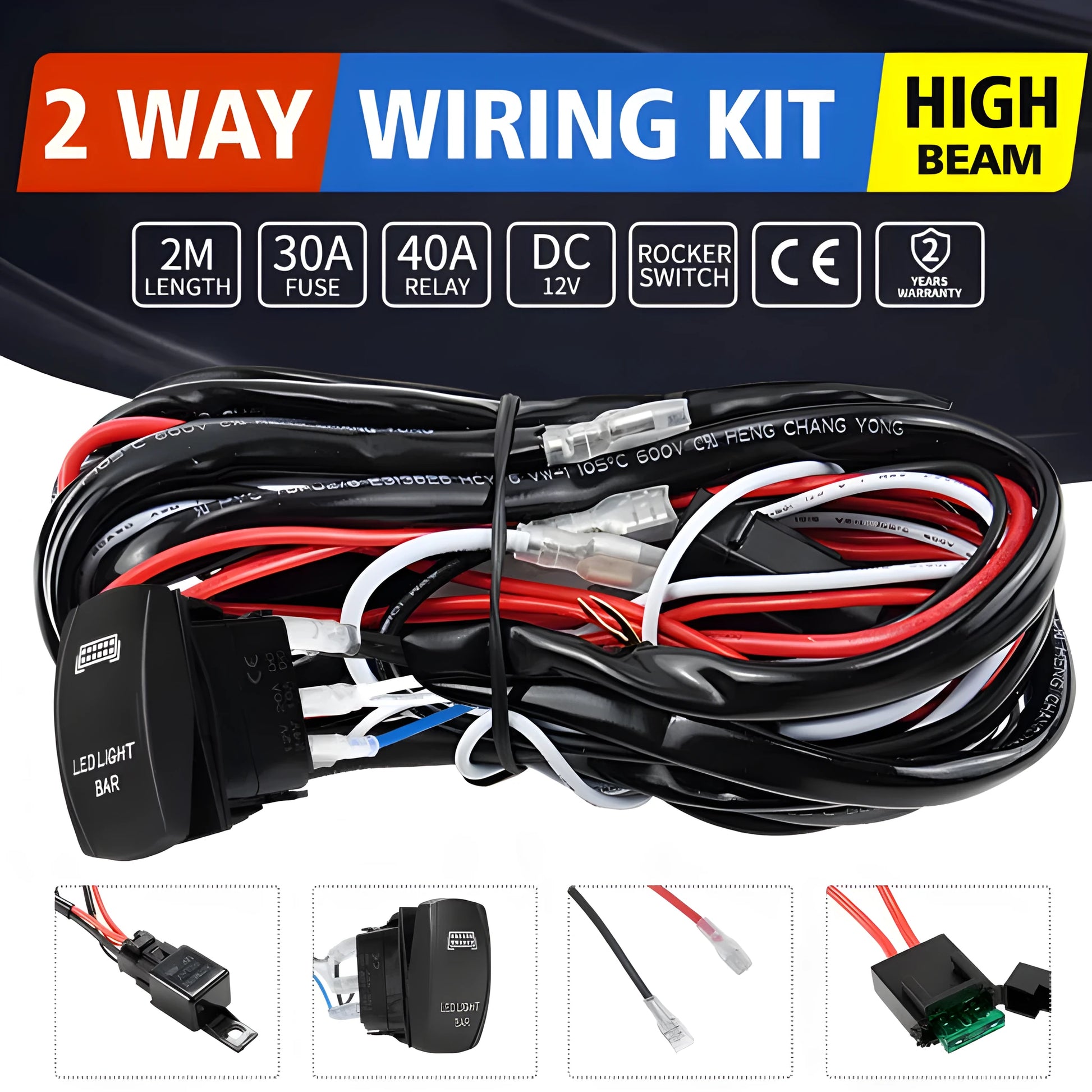 Off road LED spotlight cable set with 2 metre black wiring harness and light bar switch