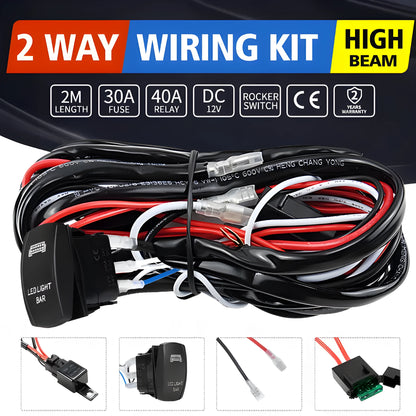 Off road LED spotlight cable set with 2 metre black wiring harness and light bar switch