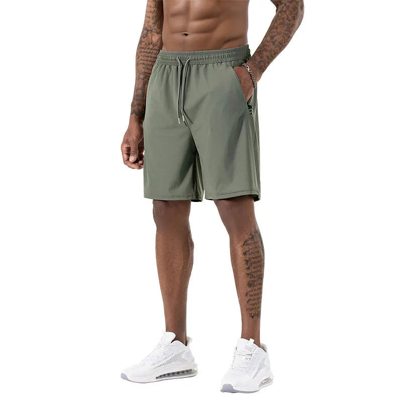 Men's black Ice Silk quick-drying sports shorts with high waist and drawstring.