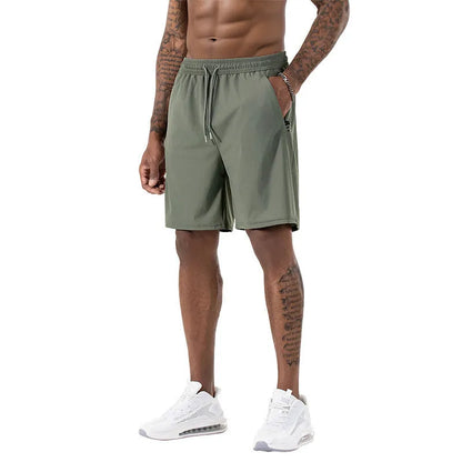 Men's black Ice Silk quick-drying sports shorts with high waist and drawstring.