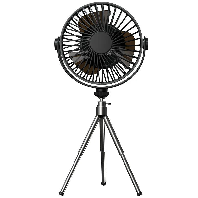 White camping fan mounted on aluminum tripod with Type-C charging cable