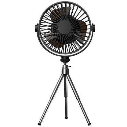 White camping fan mounted on aluminum tripod with Type-C charging cable
