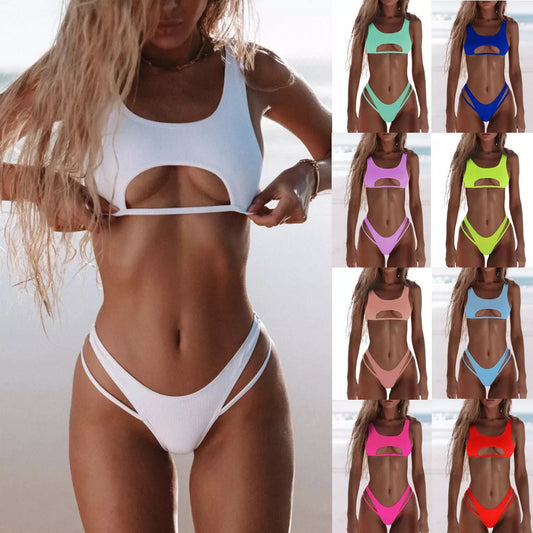 Women's solid colour bikini with hollow snake fabric for swimming