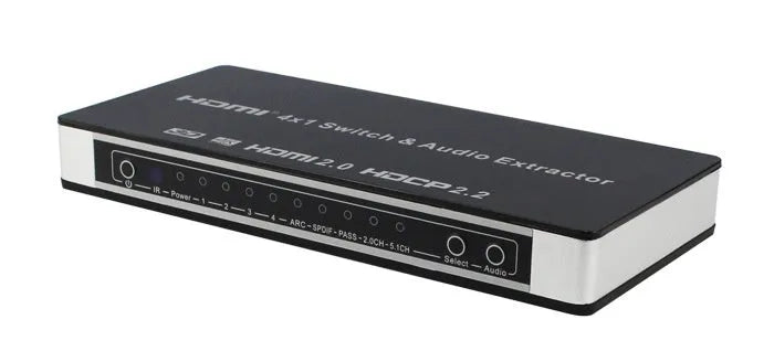 Black HDMI switch with remote control showing 4 HDMI inputs and 1 output for video switching with audio separation