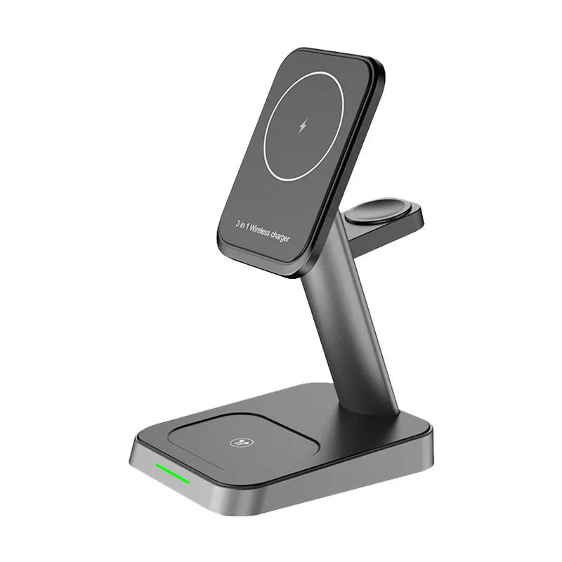 Black cube-shaped 3-in-1 wireless charger with phone in vertical stand, smartwatch on pad, and earbuds case charging.