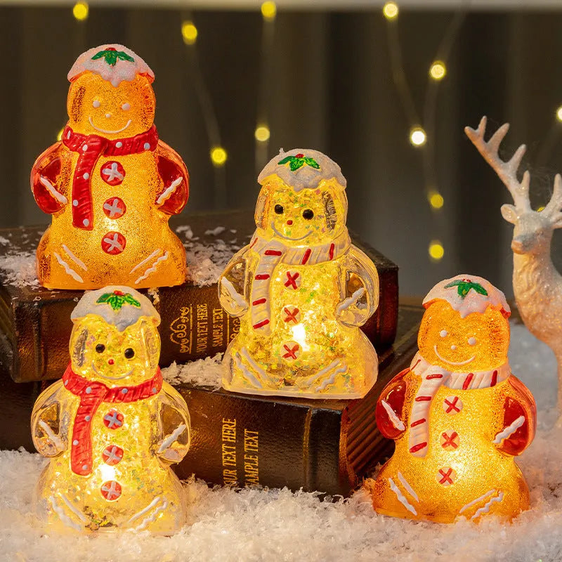 Glowing Christmas gingerbread man and snowman ornaments with LED lights in red, white, and transparent scarf variations