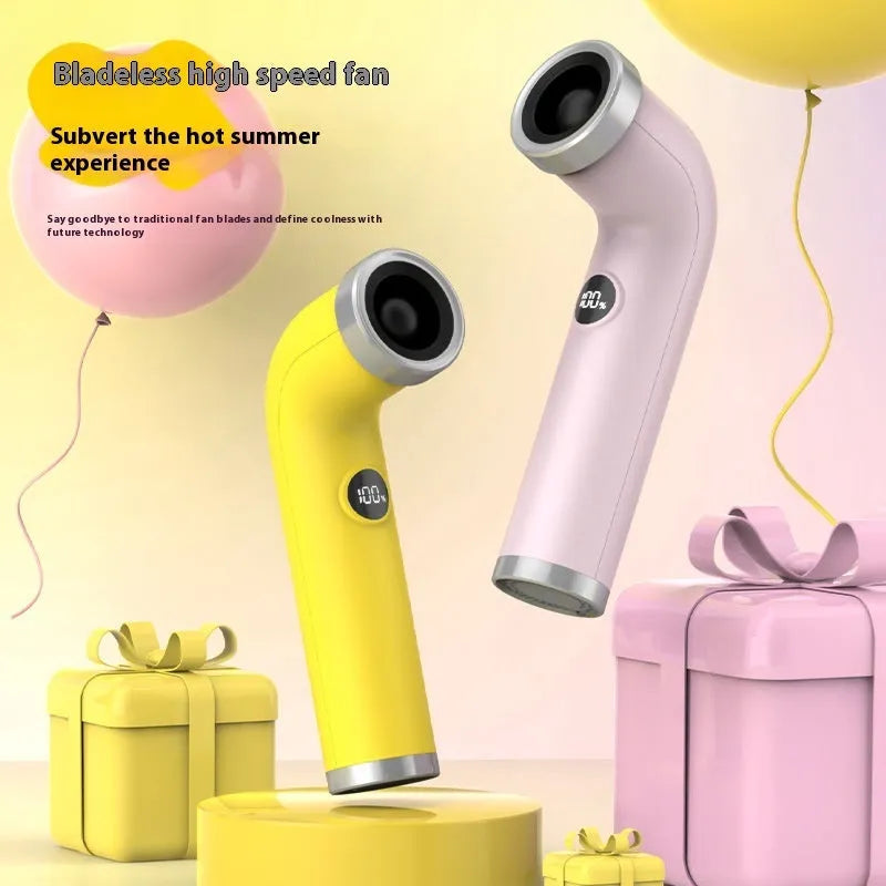 Bladeless portable fan in apricot colour with lithium battery, 15cm diameter, low noise 36dB(A) operation