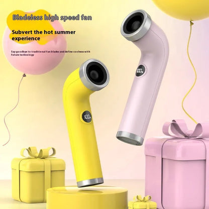 Bladeless portable fan in apricot colour with lithium battery, 15cm diameter, low noise 36dB(A) operation