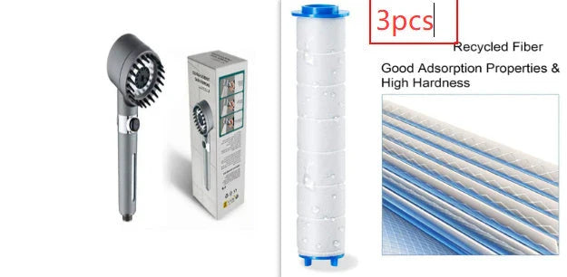 Premium multi-function shower head with rainfall and massage modes, made of durable ABS material and featuring a built-in water filter.