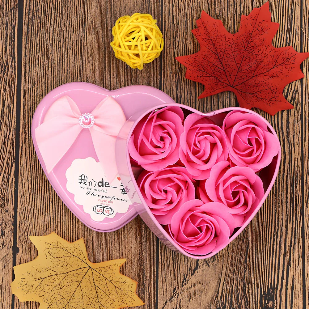 Handmade soap flowers in red heart-shaped tin box measuring 12x12x5cm