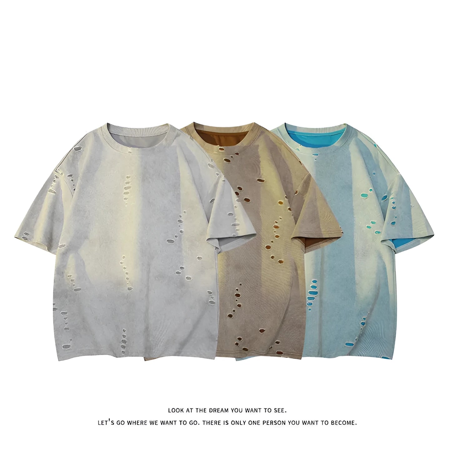 Men's grey distressed rip short sleeve t-shirt with loose fit cotton blend fabric