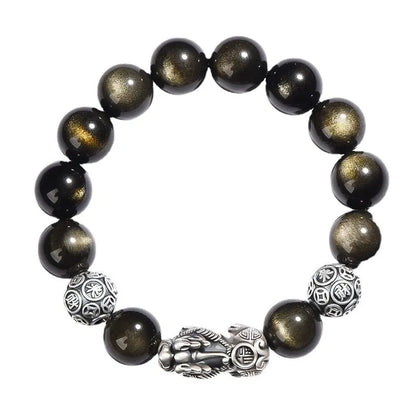 Men's S999 sterling silver and obsidian bracelet with leather strap in geometric design.