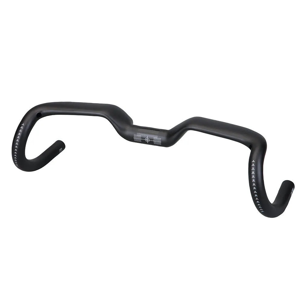 Black carbon fibre bicycle handlebar with large-angle bent outer swing design showing three width options