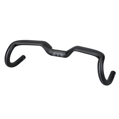 Black carbon fibre bicycle handlebar with large-angle bent outer swing design showing three width options