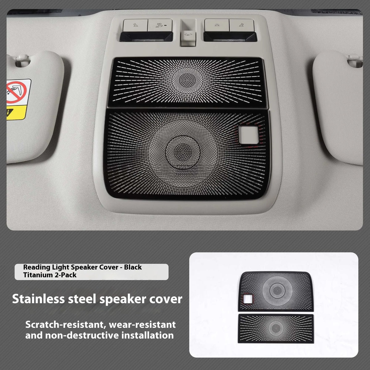 Stainless steel horn cover for Mazda CX50 with adhesive backing, shown in Black Titanium or Silver Titanium finish