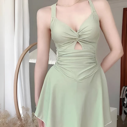 Women's avocado green boxer swimsuit one-piece with backless design