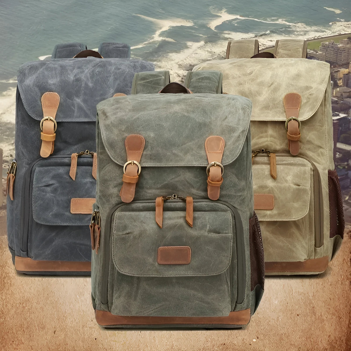 Canvas DSLR camera backpack in khaki colour with backpack straps and protective features