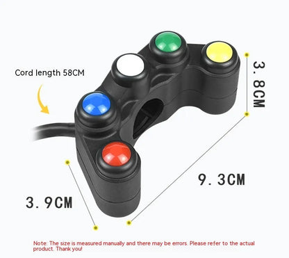 Plastic five-colour five-position vehicle function switch with red, yellow, blue, green, and white buttons and a black cable.