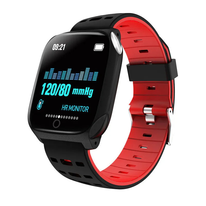 F16 smart watch with ECG and blood pressure monitor on a silicone wristband, showing the 43mm IPS screen.
