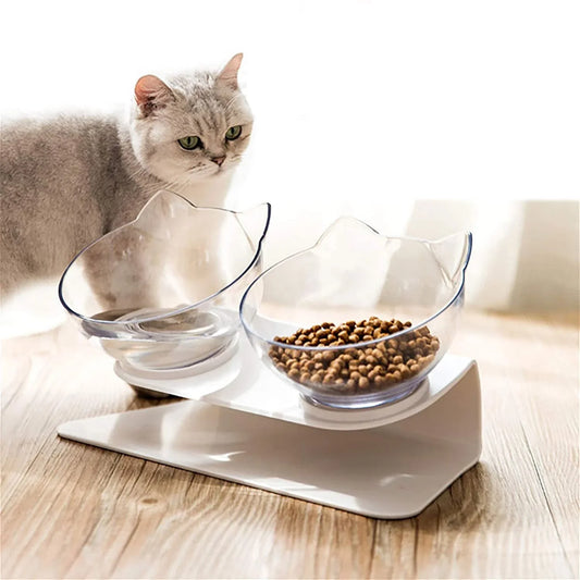 Tilted cat and dog bowls with raised stand, designed to reduce neck strain and protect cervical vertebrae.